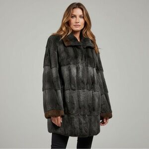 🌻VINTAGE Hertzberg Furs (Raleigh, NC) Gray w/Brown Trim Fur Coat